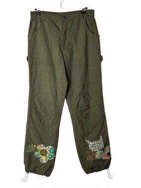 13DE Marzo Green Tapered Leg Cat &‎ Flower Patch Pants S